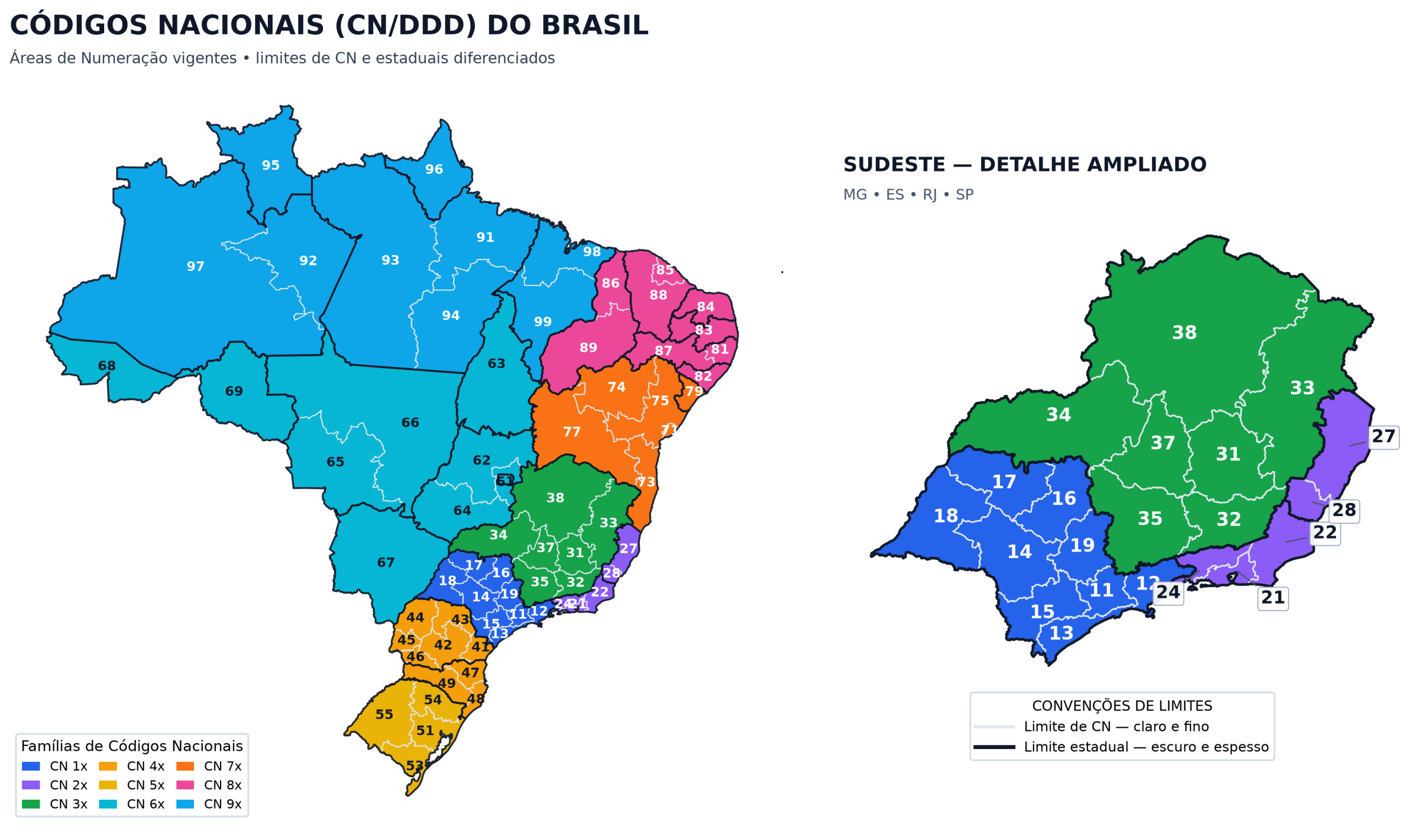Mapa dos 67 Códigos Nacionais do Brasil com fonte PGCN Anatel e base IBGE