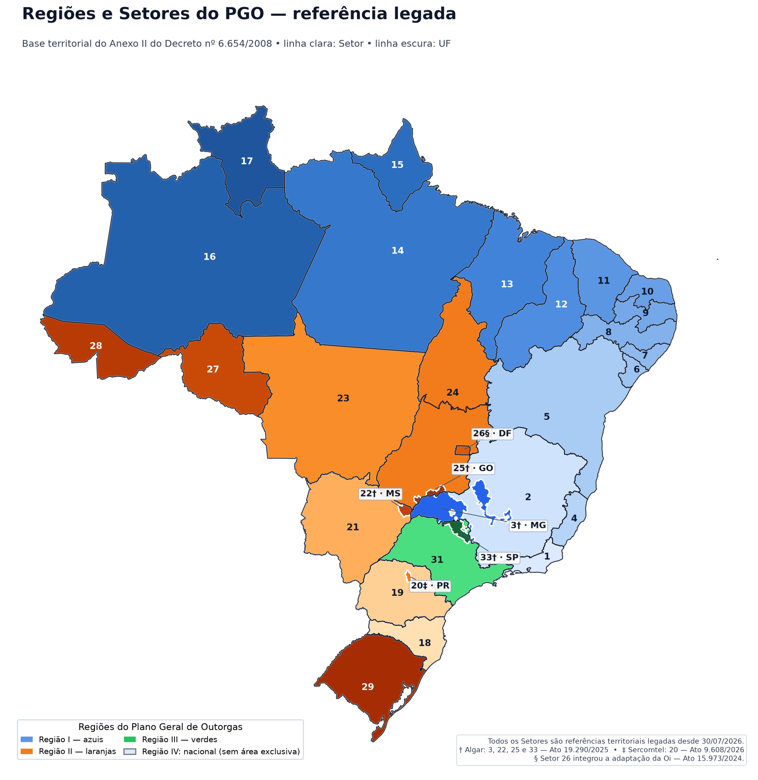 Mapa das Regiões e Setores descritos no PGO, sem representar concessões vigentes